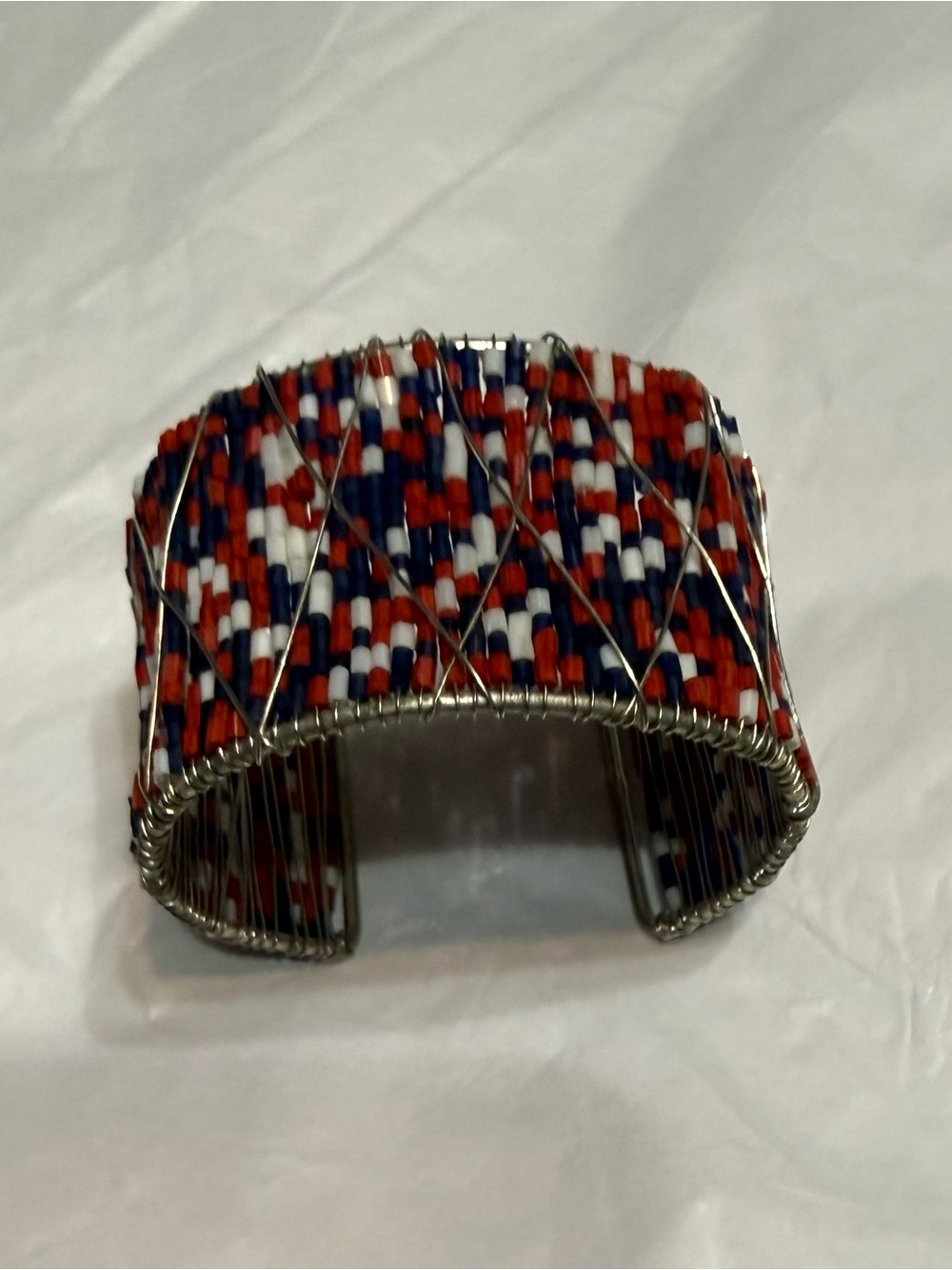 Multicolor Beaded Cuff Bracelet - Metal & Beads, Red White and Blue, Adjustable